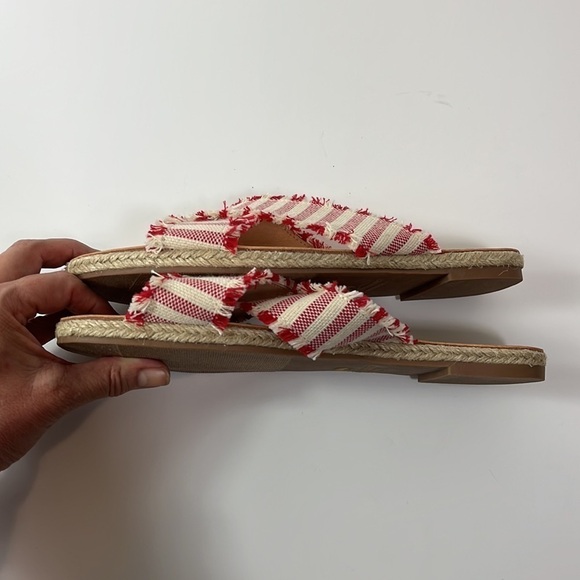 Lulus Sandals Espadrilles Flats  Fringed Canvas Striped Straps Red Women 10 - Picture 7 of 12